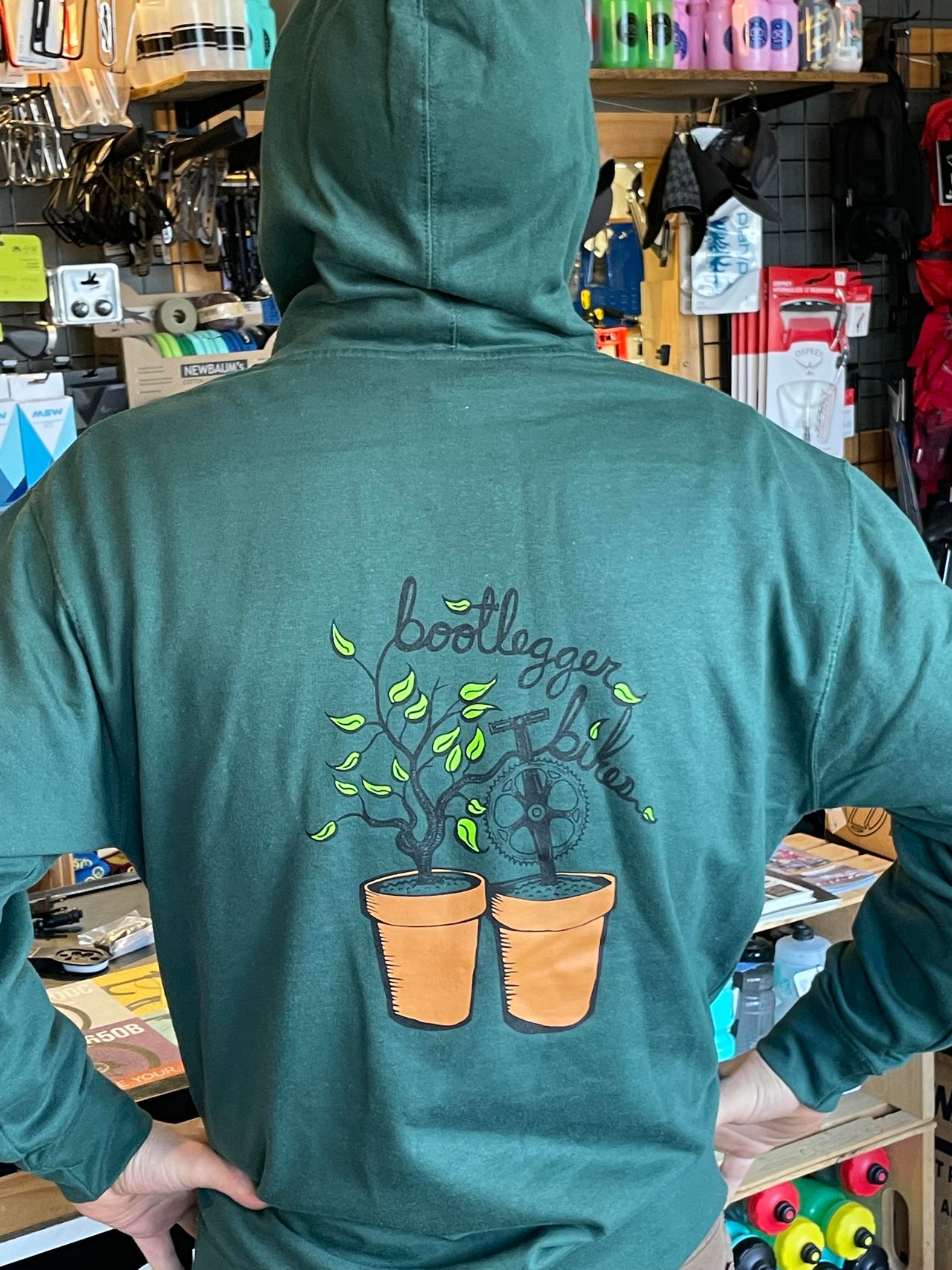 Bootlegger Bikes Hoodie - Green with Flowering Planter